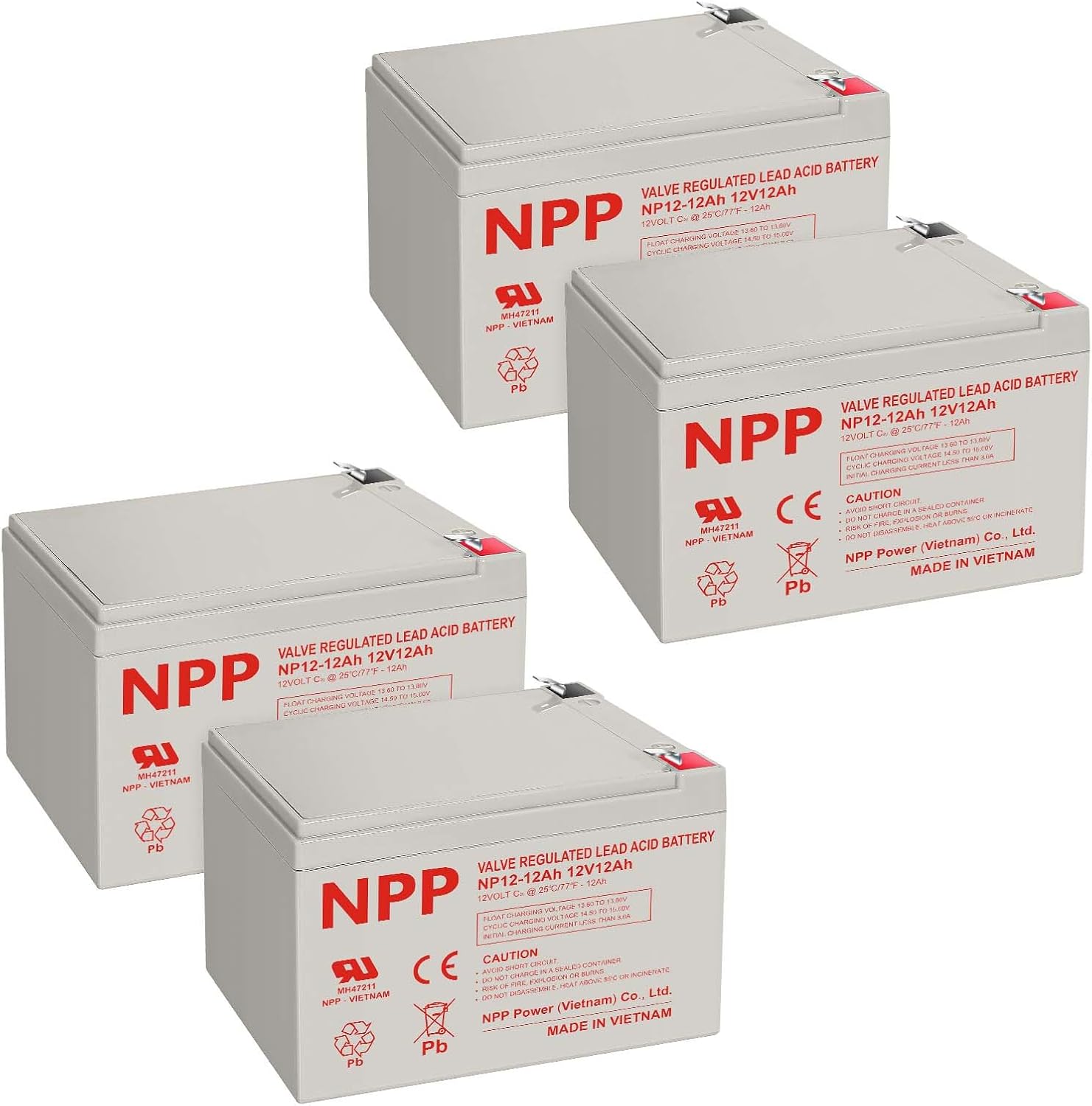 NPP NP12-12Ah (F2,4 Pcs) 12V 12Ah AGM Deep Cycle SLA Rechargeable Battery with F2 Terminals for Wheelchair Scooter, Automatic Parking Lock and Vehicle Flow Detection Machine Replace UB12120, ES12-12