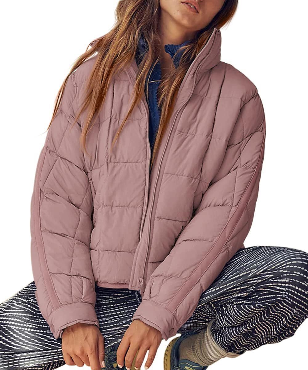 Quilted Jackets for Women Lightweight Long Sleeve Zip Puffer Jacket Winter Stand Collar Warm Coats Top with Pocket