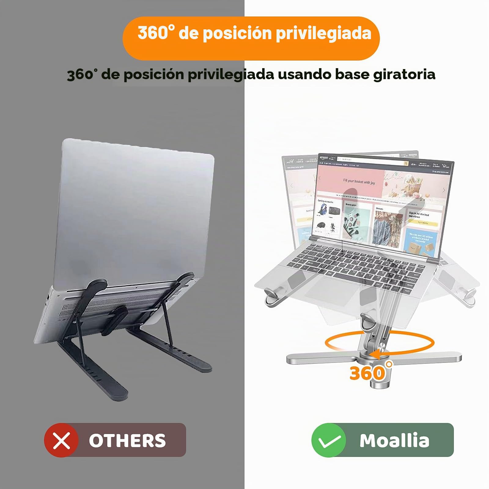 Moallia Soporte para portátil con base giratoria de 360 grados, soporte de metal para escritorio y trabajo colaborativo, totalmente plegable para un fácil almacenamiento, se adapta a todos los MacBook