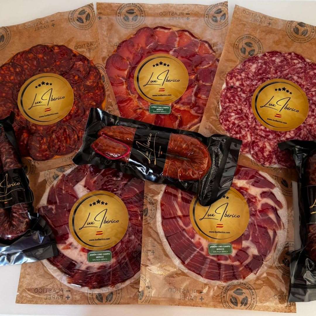 Lux Ibérico | Sabores de España | Caja Regalo Gourmet con Jamón, Lomo, Chorizo y Salchichón Ibérico Loncheado, Morcilla Patatera y Embutido Herradura | Regalo Gourmet