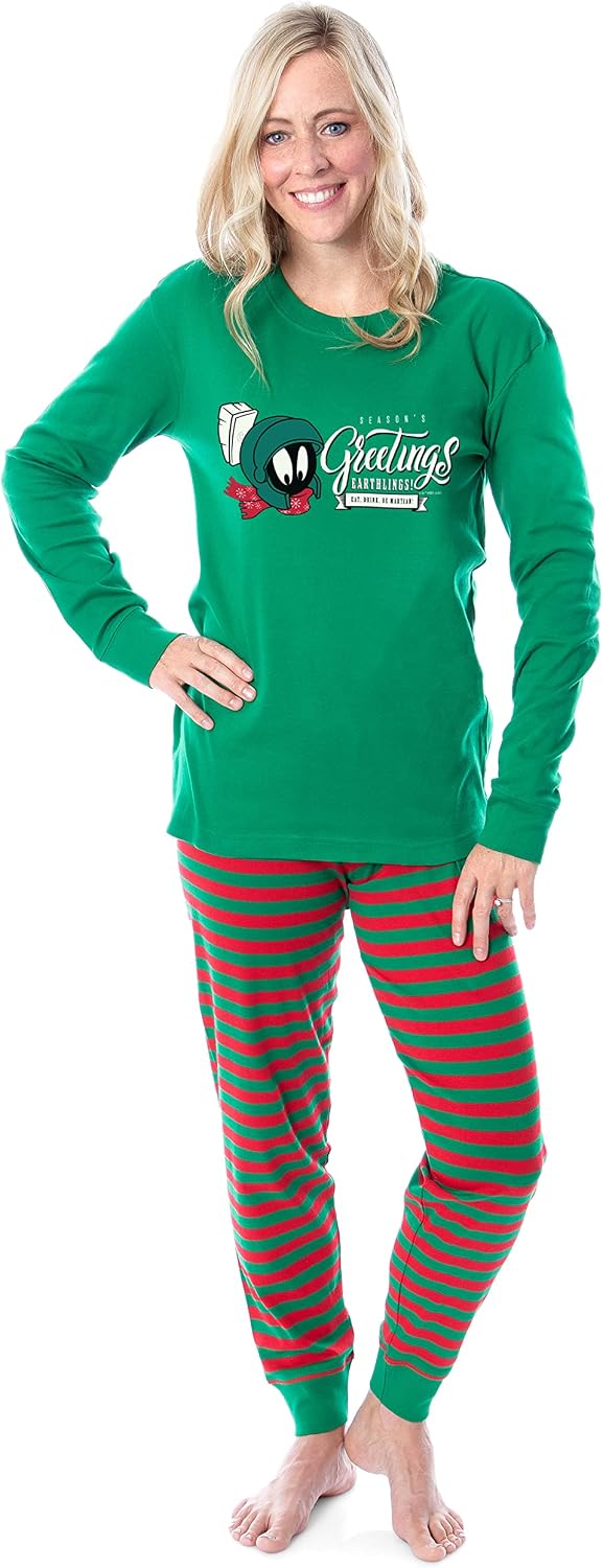 INTIMO Looney Tunes Marvin the Martian Christmas Season's Greetings Character Tight Fit Matching Pajama Set