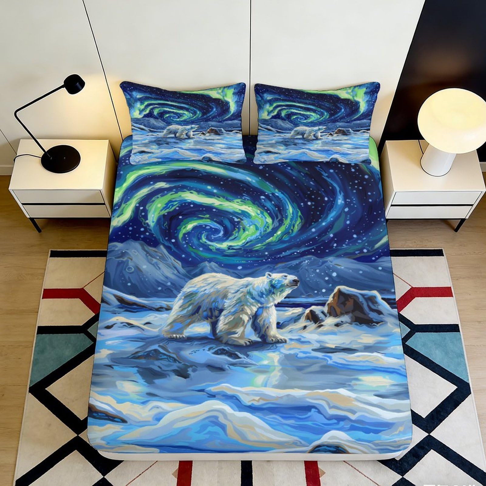3D Printed Aurora Night Sky Fitted Sheet Microfiber Polar Bear Mattress Cover Anti-Slip Washable Decor for Bedroom Guest Room 160x200x25cm
