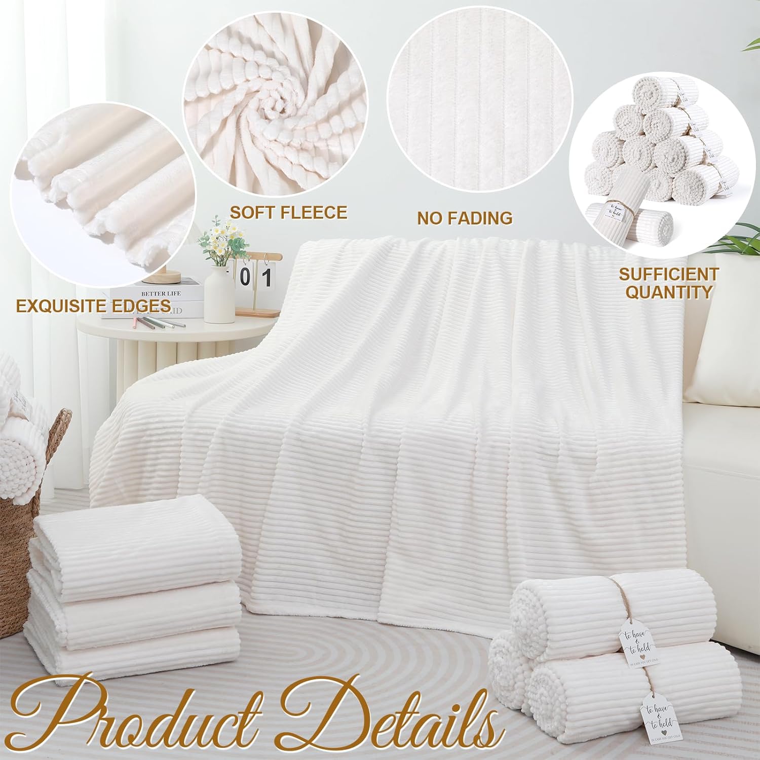 24 Pcs Cream White Wedding Flannel Throw Blanket Bulk 50 x 60 Inch with to Have to Hold Card Striped Ribbed Soft Throw Blanket Lightweight Blankets for Wedding All Seasons Gifts Sofa Room(Cream White)