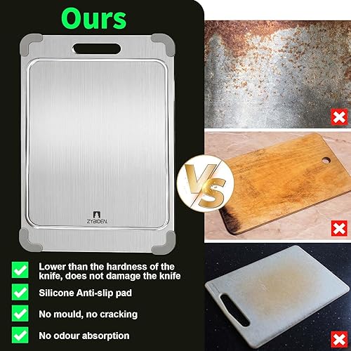 Miniatura 7 de ZYBIDEAL Tabla de cortar de titanio 100% puro con ranuras, tabla de cortar de titanio de doble cara actualizada, tablas de cortar de acero