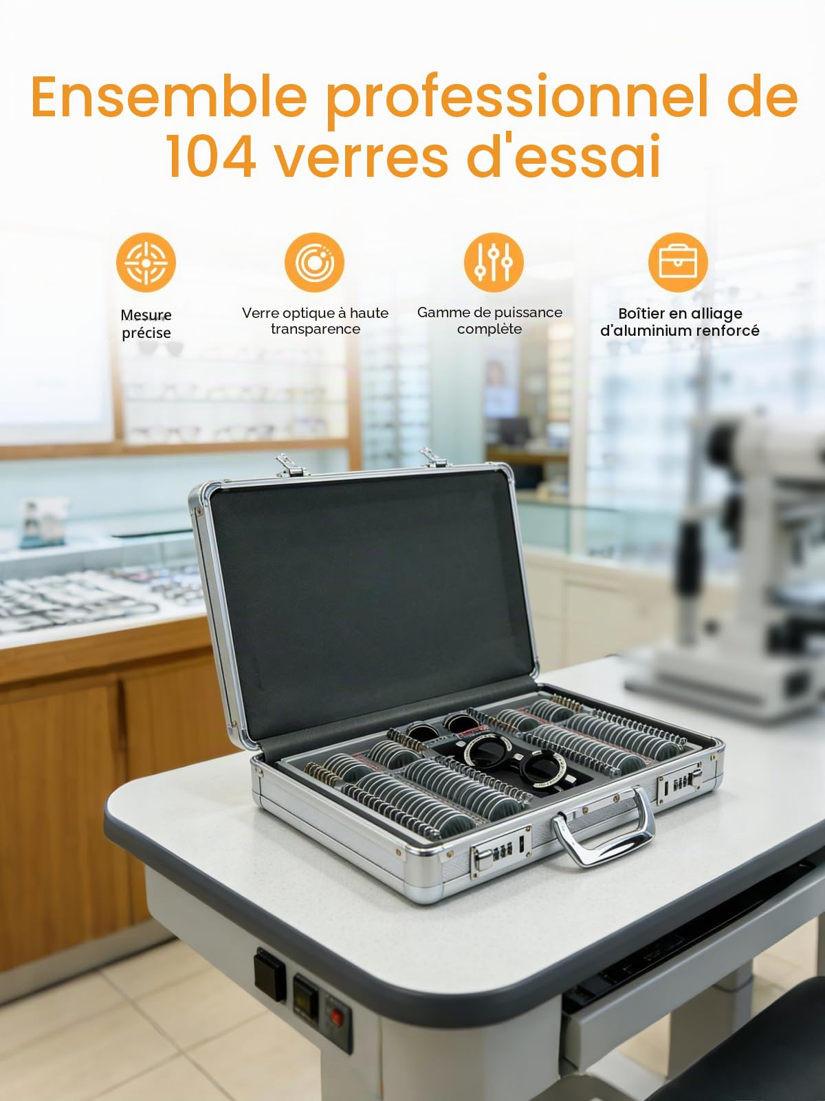 JS-104 Lot de 104 lentilles d'essai optométriques avec cadre d'essai gratuit