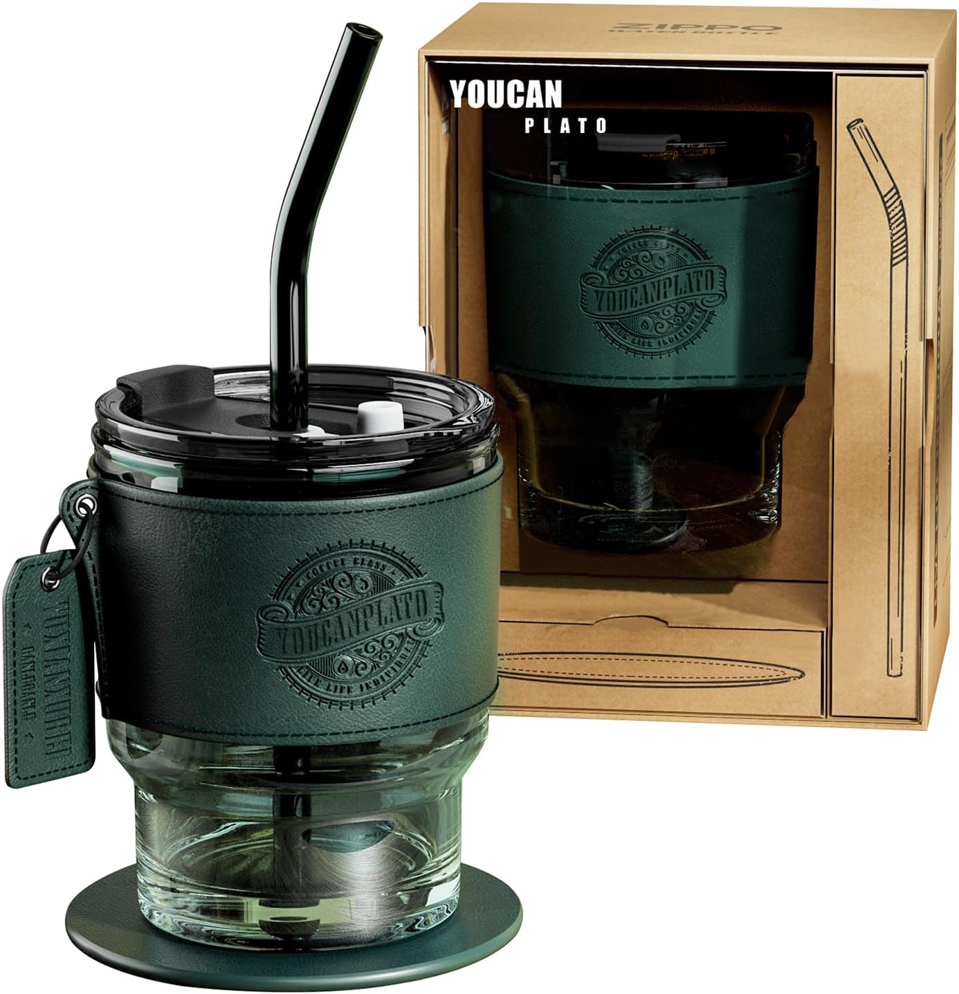 14 oz Glass Tumbler with Straw and Lid,Coffee Cup,Glass Cups,Coffee Mug,Iced Coffee Cups with Lids,Tea Cup,Juice Glasses,Water Glasses,Smoothie Cups,Vintage Drinking Glasses with Sleeve and Coaster