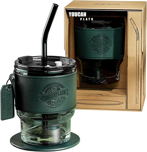 Vaso de vidrio de 14 onzas con popote y tapa, taza de café, tazas de vidrio, taza de café, tazas de café helado con tapas, taza de té, vasos de