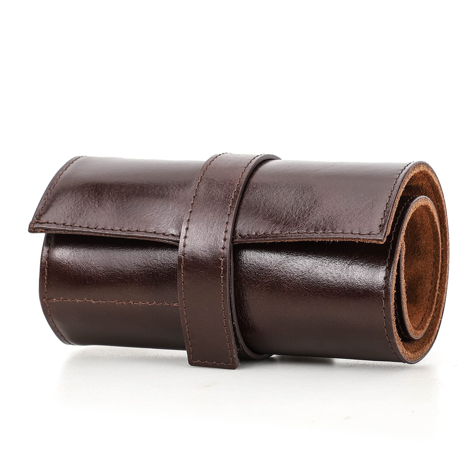 Contacts Men's Polished Brown Genuine Leather Watch Case Roll Travel,Jewelry Watchse Storage Box And Cylindrical Watch Protector Sleeve Soft Lining Bag (, For 6 Pieces Watches)
