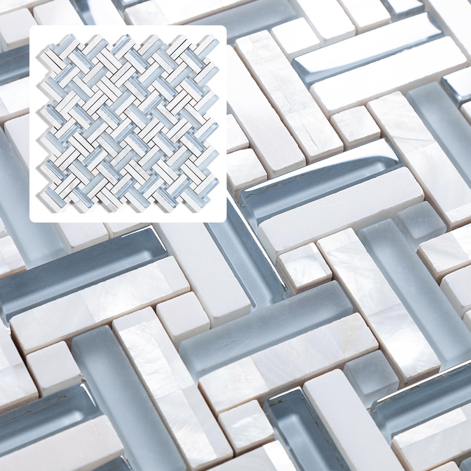 4 Sheets Blue Herringbone Mosaic Backsplash Tile, Polished Shower Floor and Wall Tile