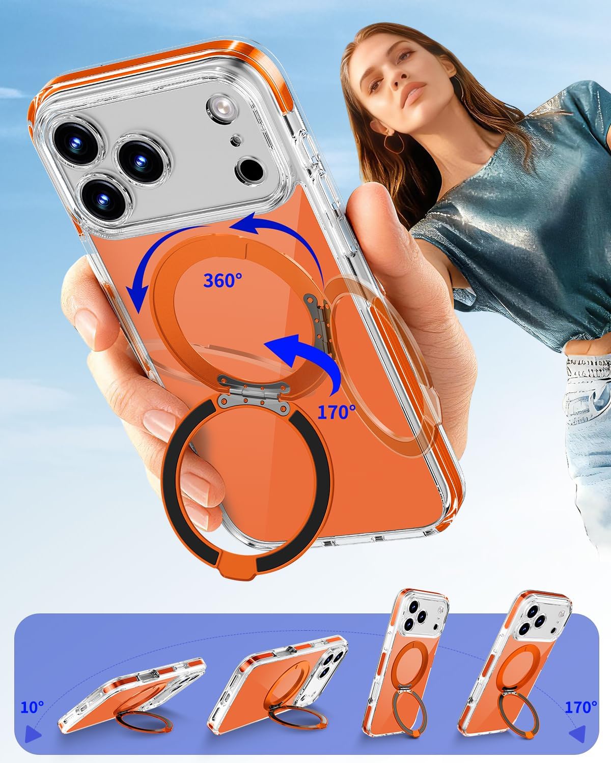 COOLQO 360°Spin Magnetic Stand for iPhone 17 Pro Max Case, Fit for MagSafe, Military-Grade Protection,Full Camera Protection, Non-Yellowing Clear Scratch-Resistant Back Cover for 17 Pro Max, Orange