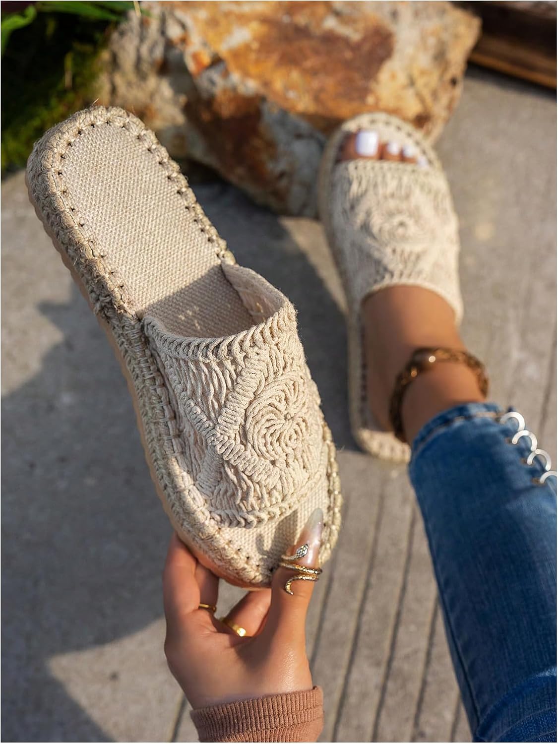 OYOANGLE Women's Bohemian Braided Crochet Platform Sandals Open Toe Wedge Slide Sandals Vacation Beach Shoes