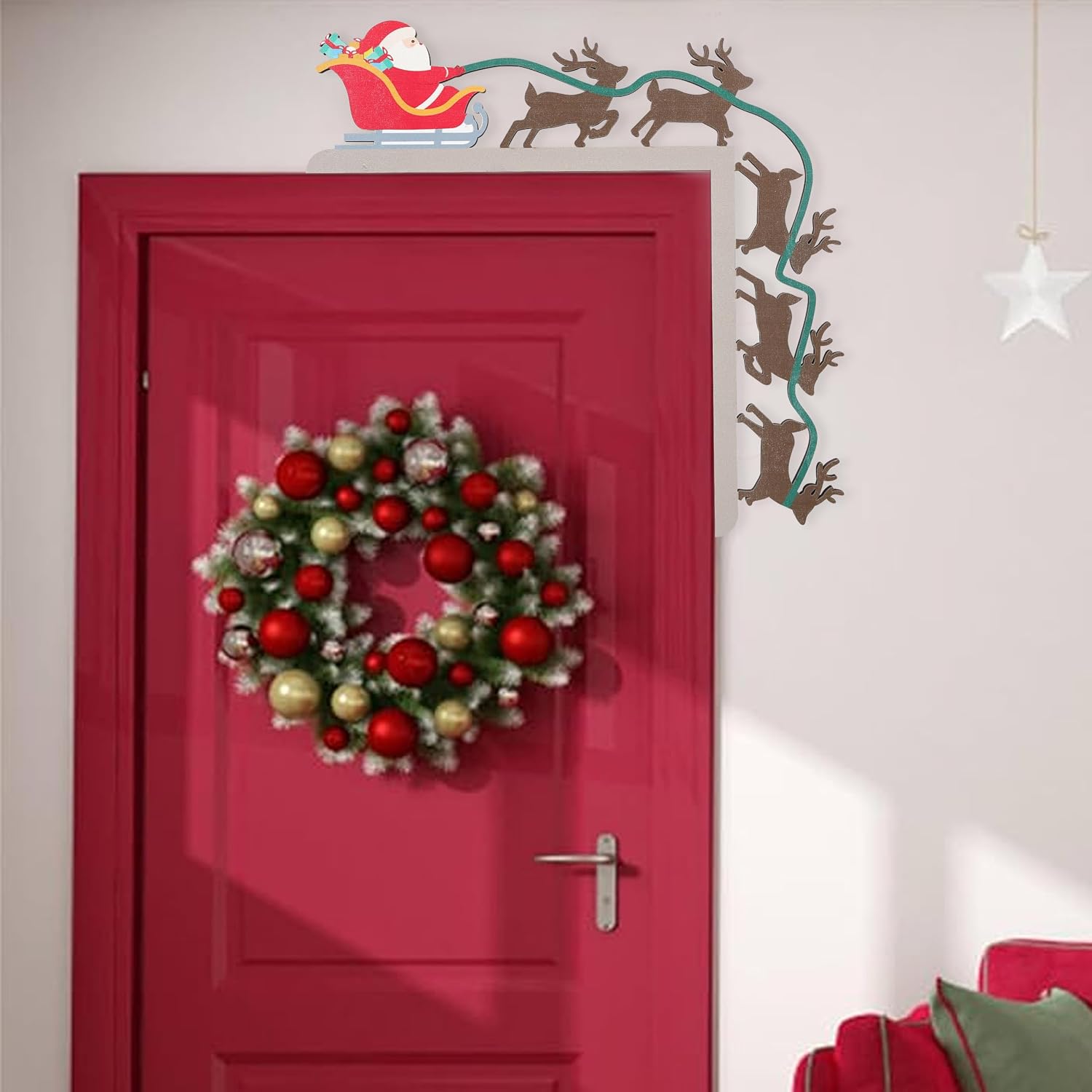 ZZDCMS Christmas Door Corner Decoration - Santa and Reindeer, Wood Frame, Classic Style