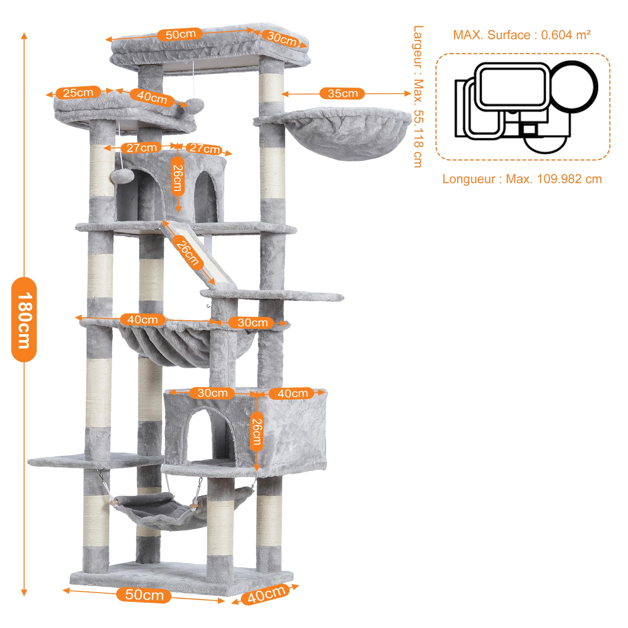 Heybly Arbre À Chat, Tour De Griffer 180 cm, 2 Plateformes, 2 Cabanes De Sommeil, 2 Hamacs, Panneau À Griffer. Grand Meuble pour Chats avec Endroit Dormir, Gris Clair HCT034W