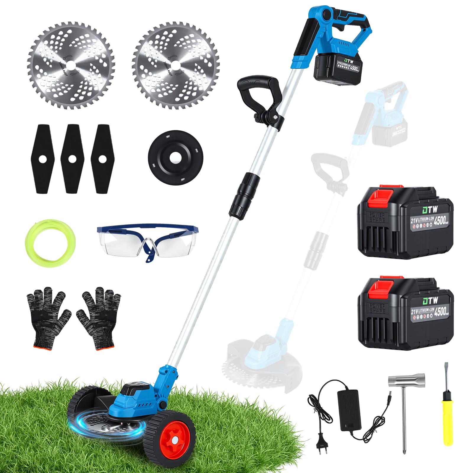 Desbrozadora Inalámbrica 600W, Cortacésped y Bordes 2-en-1, Motor Brushless con Pantalla LED, Mango Ajustable, con 2 baterías, Incluye Cuchillas y Gafas de Seguridad