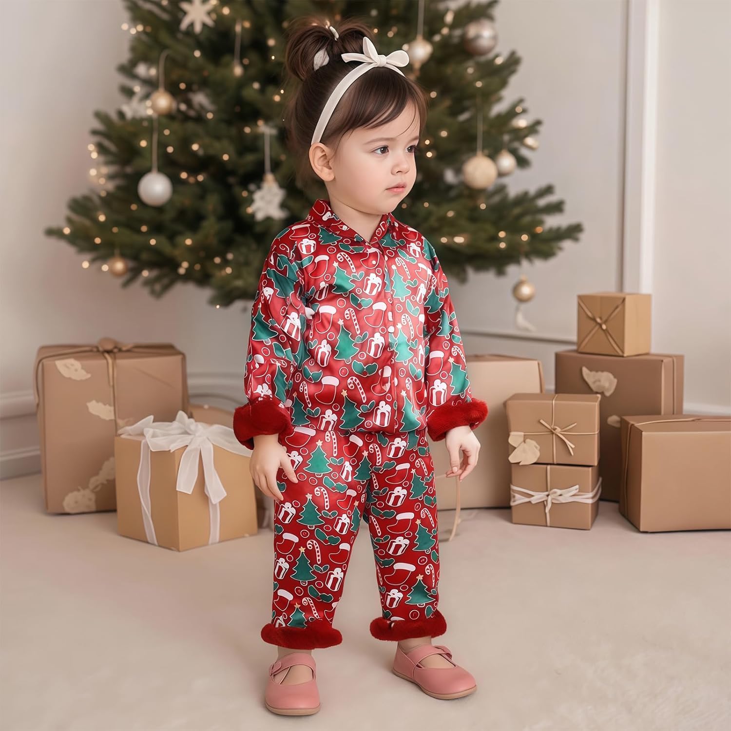 Springcmy Toddler Baby Girl Christmas Pajama Sets Button Down Lapel Silk Shirt Elastic Pants 2Pcs Xmas Sleepwear Loungewear - Image 8