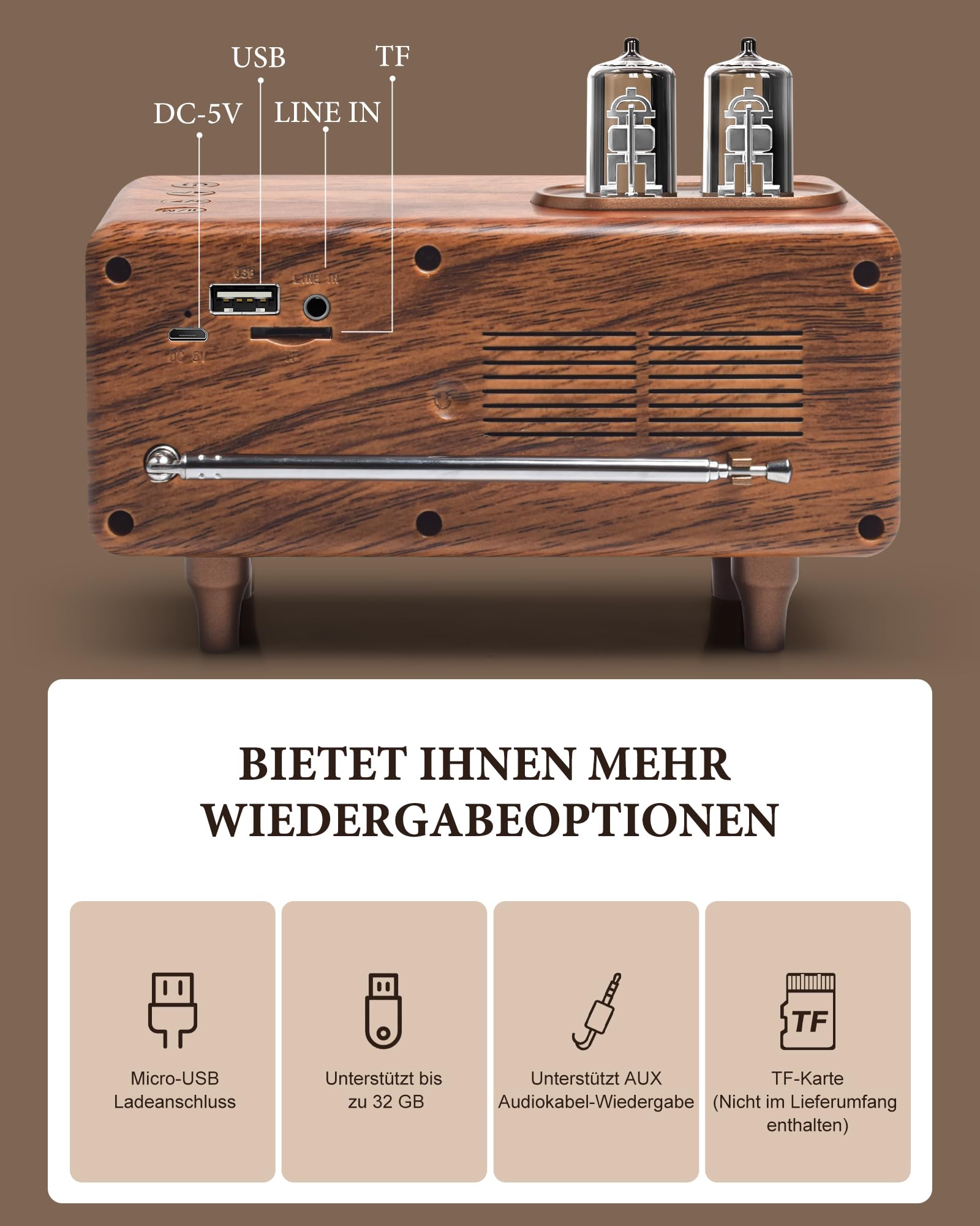 COLSUR Retro Radio Bluetooth Lautsprecher Tragbarer Vintage Radio FM Küchenradio Wiederaufladbarer Kabelloser mit Klassischem Retro-Stil Unterstützt TF-Karte/AUX/USB MP3-Player mit 1500mAh Akku