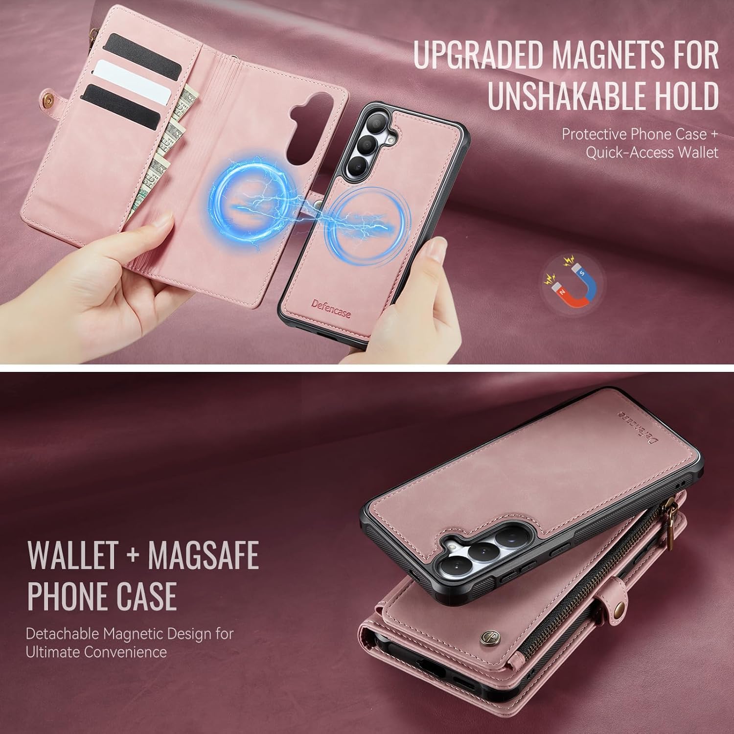 Defencase for Galaxy S26 Magnetic Wallet Case Compatible with Magsafe with RFID Blocking Zipper & Card Holder for Women Men, PU Leather Detachable Phone Case for Samsung Galaxy S26 6.3 inch, Rose Pink