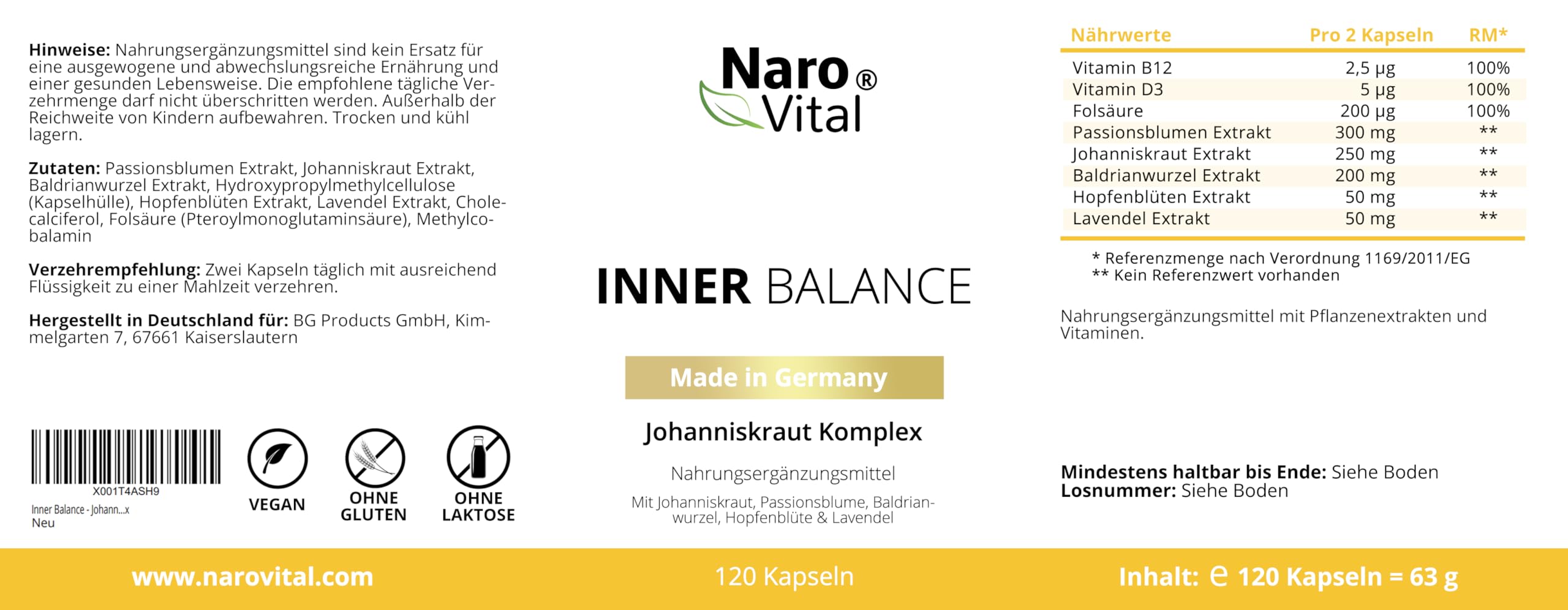 Inner Balance - Johanniskraut Komplex mit Passionsblume, Baldrian, Hopfen & Lavendel Extrakt - Kapseln hochdosiert Anti Stress, Stimmungsaufheller & Beruhigungsmittel - 120 Kapseln für 2 Monate