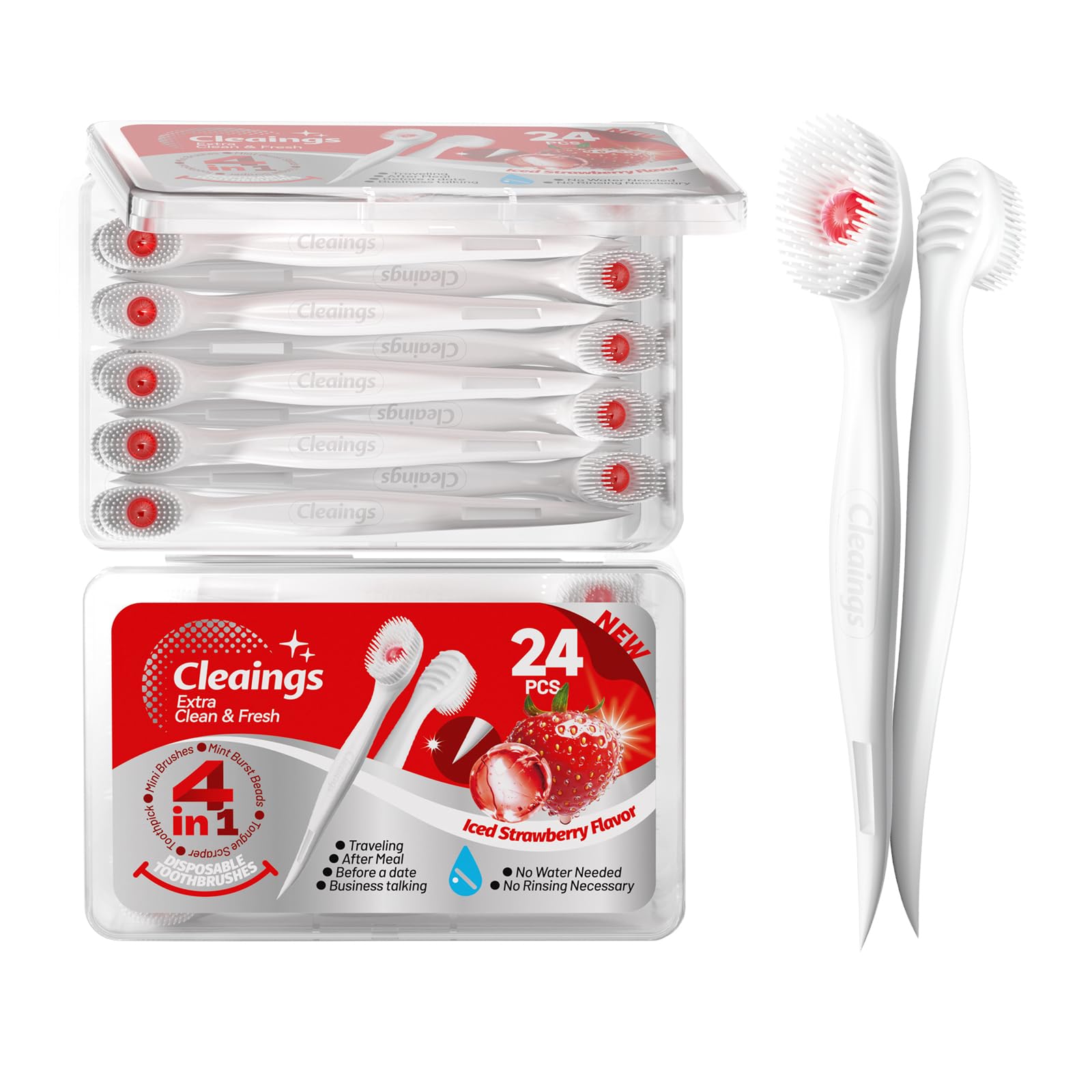 cleaings 4-in-1 使い捨て歯ブラシ 水不要 24本 歯磨き粉付き 舌クリーナー 歯間ブラシ 携帯用 ポータブル 外出先 災害用 備蓄 アイスストロベリー味