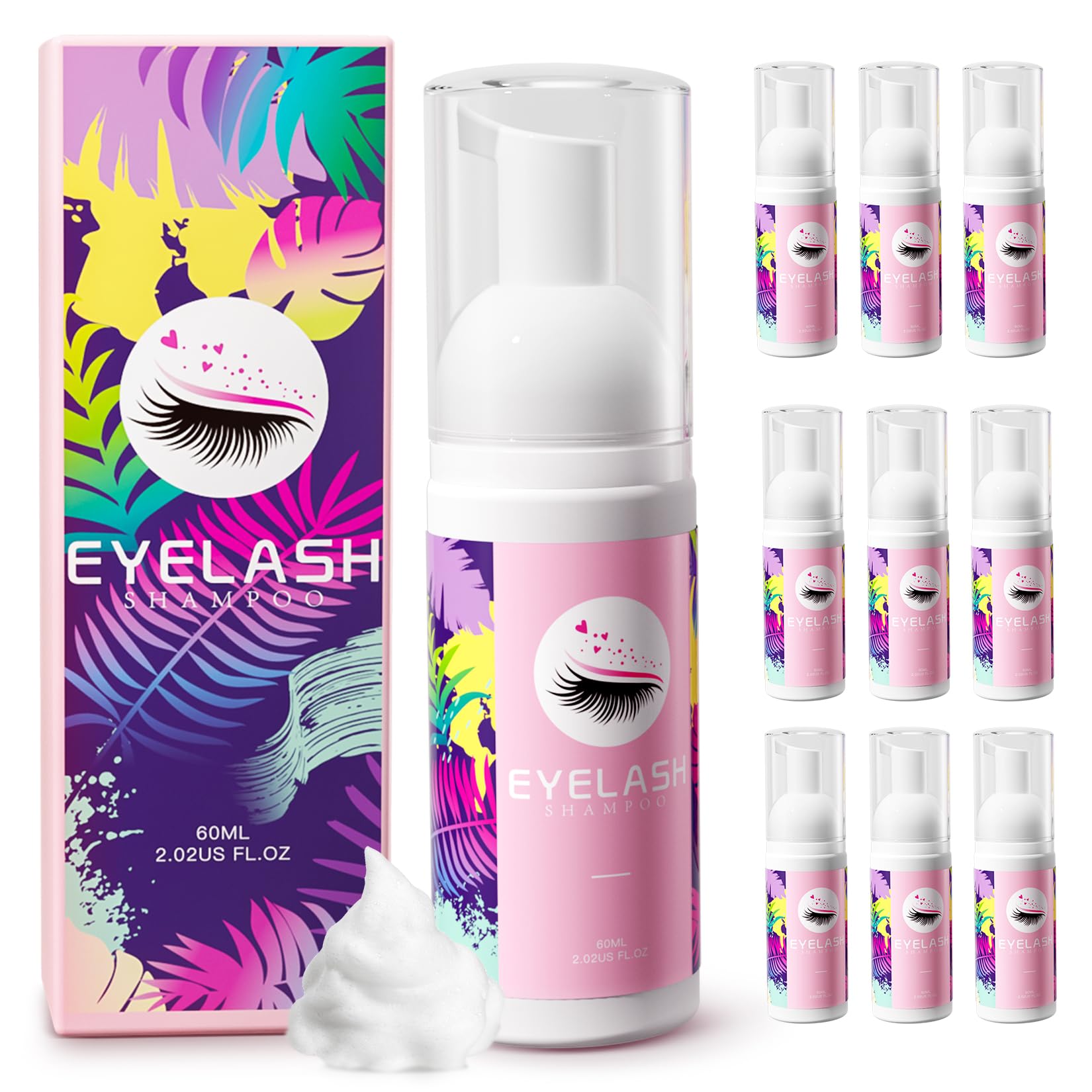 Buqikma Lash Shampoo 60ml*9 Eyelash Extension Cleanser Rich Foam Lash Cleaning Kit Lash Shampoo for Lash Extensions Bulk Lash Bath Eyelash Shampoo for Home Salon Use