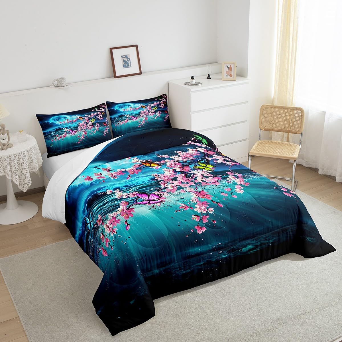 Queen Size Light-Weight Microfiber,Japanese Cherry Blossom Comforter Set,Peaceful Sea Wave Comforter Women Adults,Starry Galaxy Night Sky Duvet Set,Fairy Tale Butterfly Bedding 2 Pillow Case