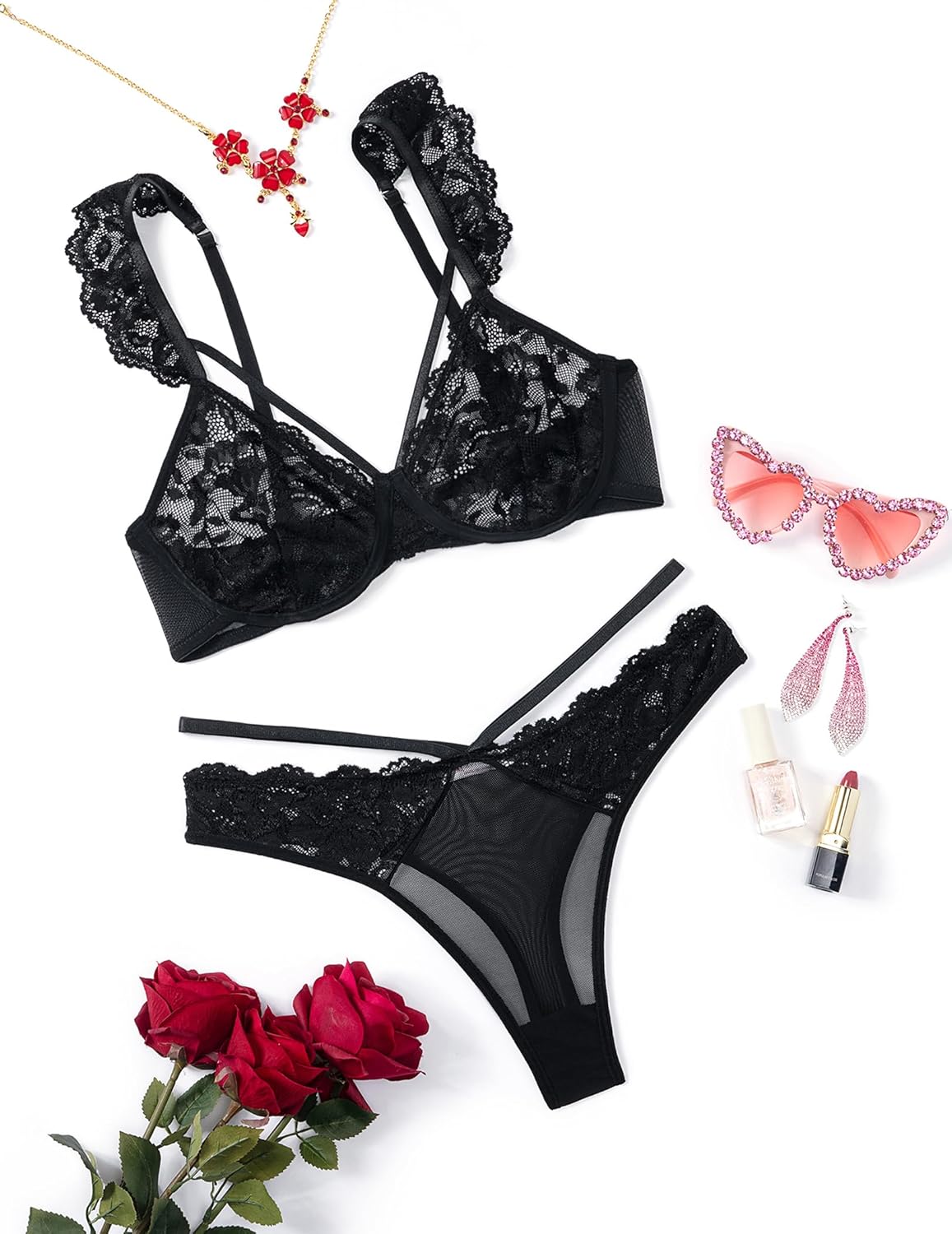 Avidlove Lace Scallop Lingerie Set for Women Wireless Strappy Ruffle Bra and Panty Sets - Image 2