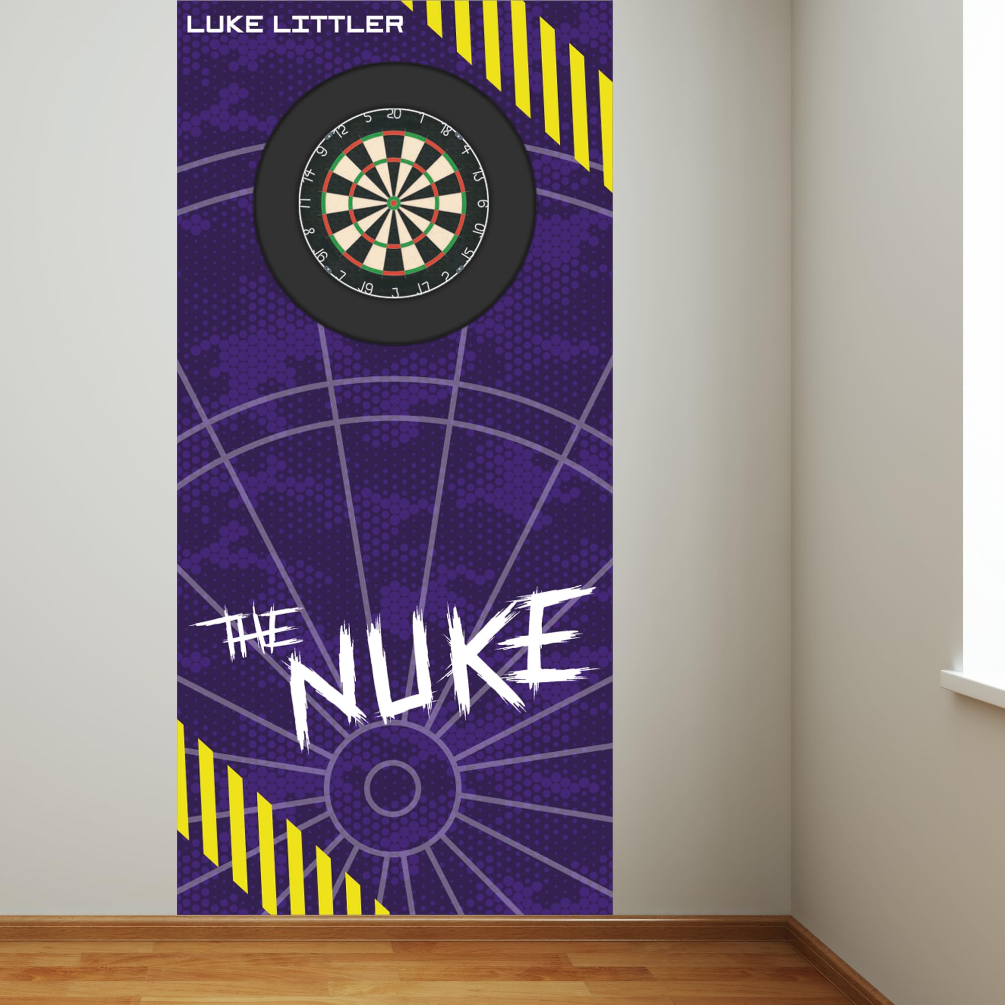 Luke Littler Dart Board Backdrop - Purple Camo with Neon Striped Corners Wall Sticker (180cm height x 85cm width)