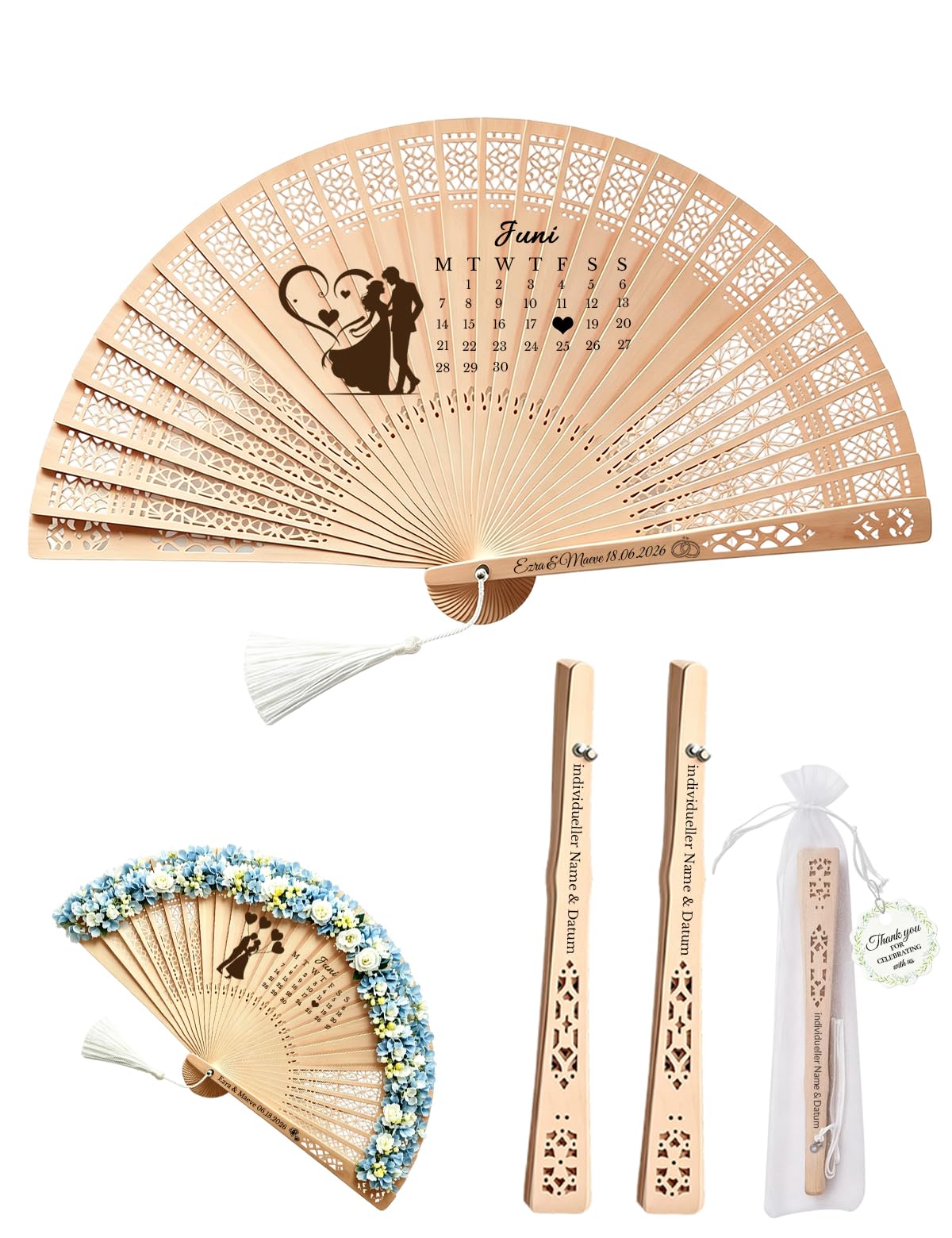 Hochzeitsfächer personalisiert, Holz Handfächer mit Gravur für Gäste | Lasergravierter Holzfächer mit Quaste und Organza Beutel, stilvolles Gastgeschenk für Hochzeit, Braut und Gäste
