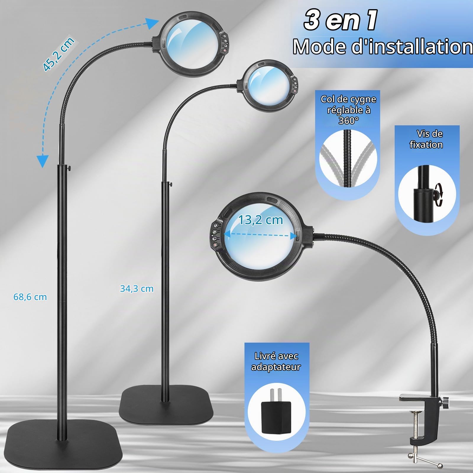 GABORISH 10 loupes sur pied avec lumière et support, lampe loupe 3 en 1 avec 54 LED, lampe loupe flexible avec col de cygne avec pince, 5 modes de couleur, luminosité à intensité variable, loupe de
