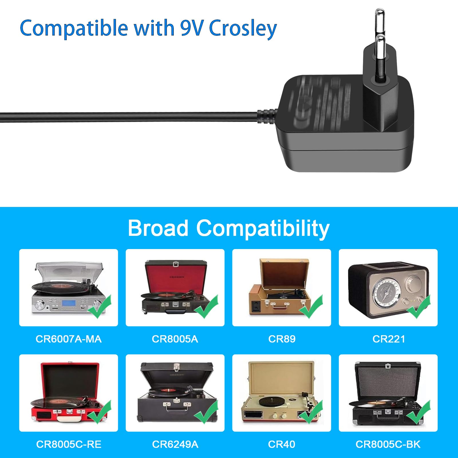 Alimentatore 9V 1.5A Per Giradischi Crosley Cruiser – Sostituto Perfetto Per CR8005, CR221 E Altri Modelli Selezionati