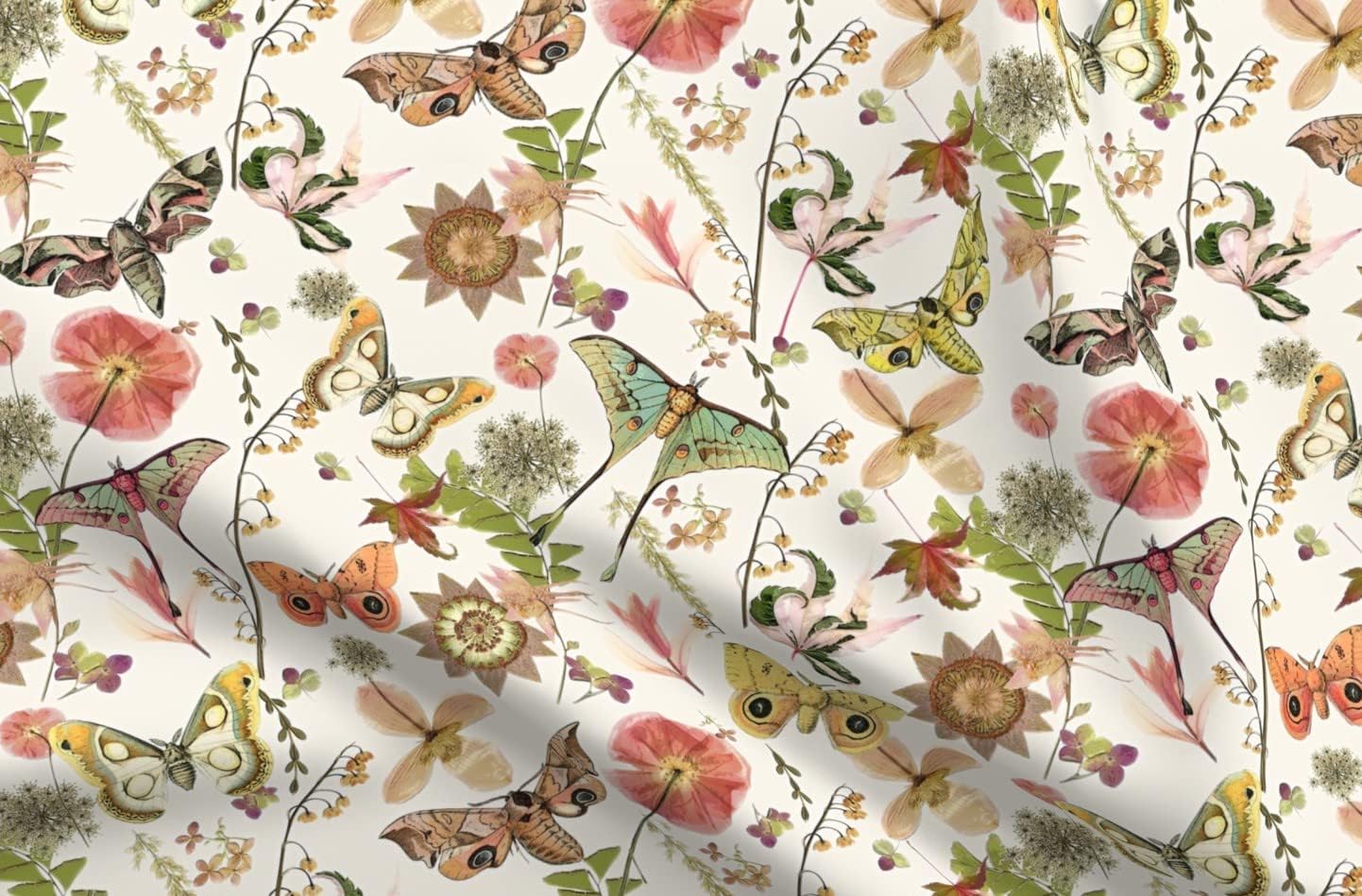 Spoonflower Fabric - Moth Butterfly Botanical Insects Natural Boho Entomology Printed on Polartec(R) Fleece Fabric by The Yard - Sewing Blankets Loungewear and No-Sew Projects