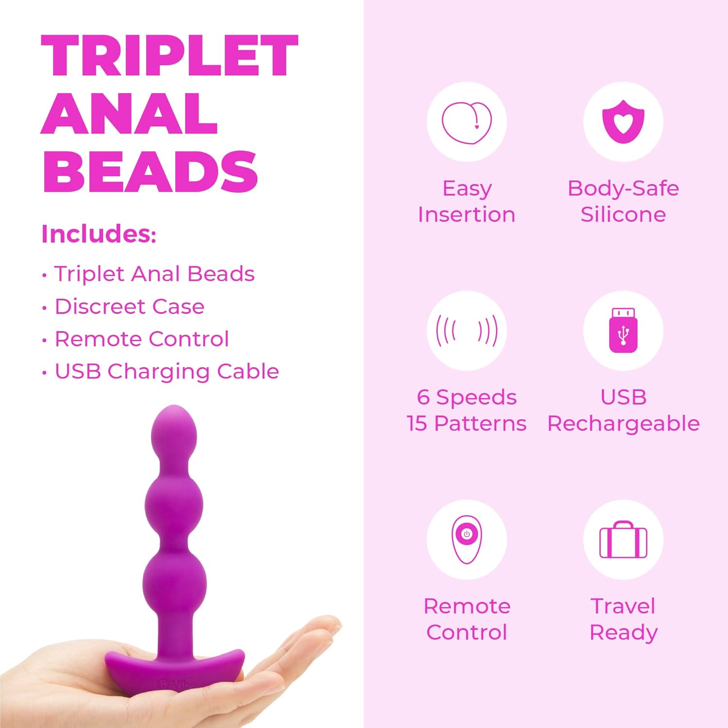 b-Vibe Triplet Anal Beads - Vibrating Silicone Remote Control Anal Plug, Sex Toys for Adults - Pink