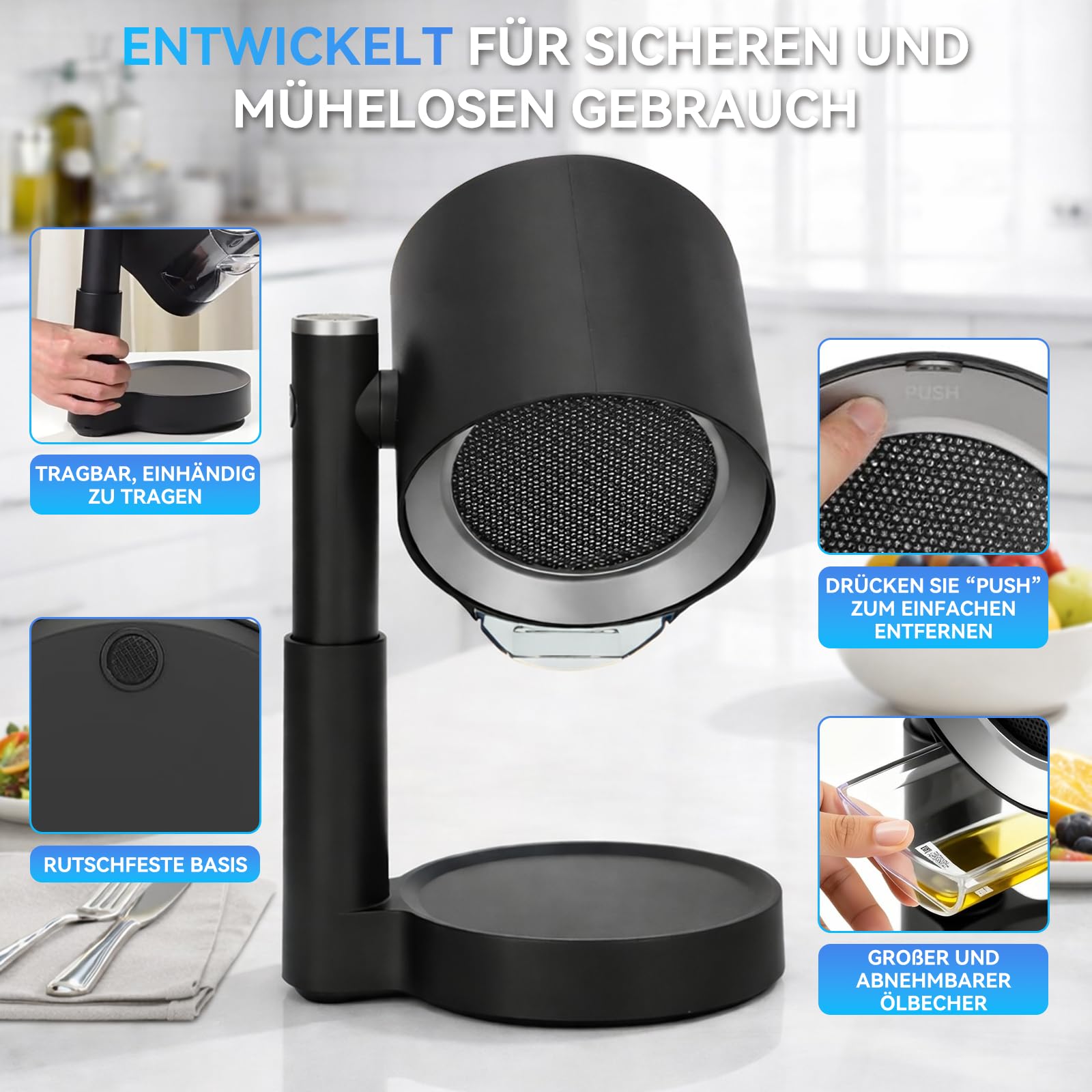 Mobile Dunstabzugshaube ohne Installation, tragbare Mini Abzugshaube mit Ölsammelbox, teleskopisch & 90° neigbar 3-stufig leise, waschbarer wiederverwendbarer Doppelfilter für Küche Wohnung RV Camping