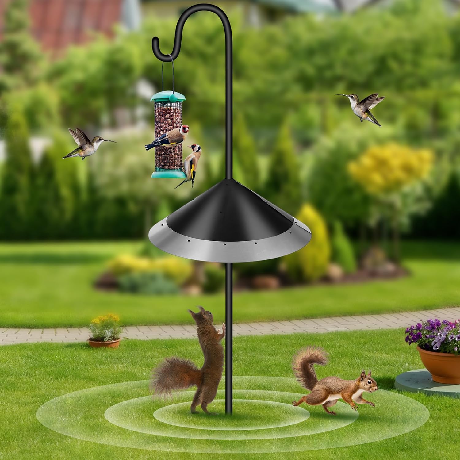 Qualirey 4 Pieces Squirrel-Proof Bird Feeder Baffle Set with Metal Frame for Shepherd's Hook House Guard Outdoor Courtyard