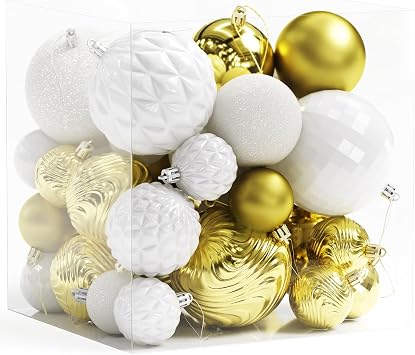 Annecy Christmas Tree Ornaments - 36 PCS Shatterproof Christmas Ball Ornaments Set for Holiday, Wreath & Party Decorations (Multi-Size, Gold, White)