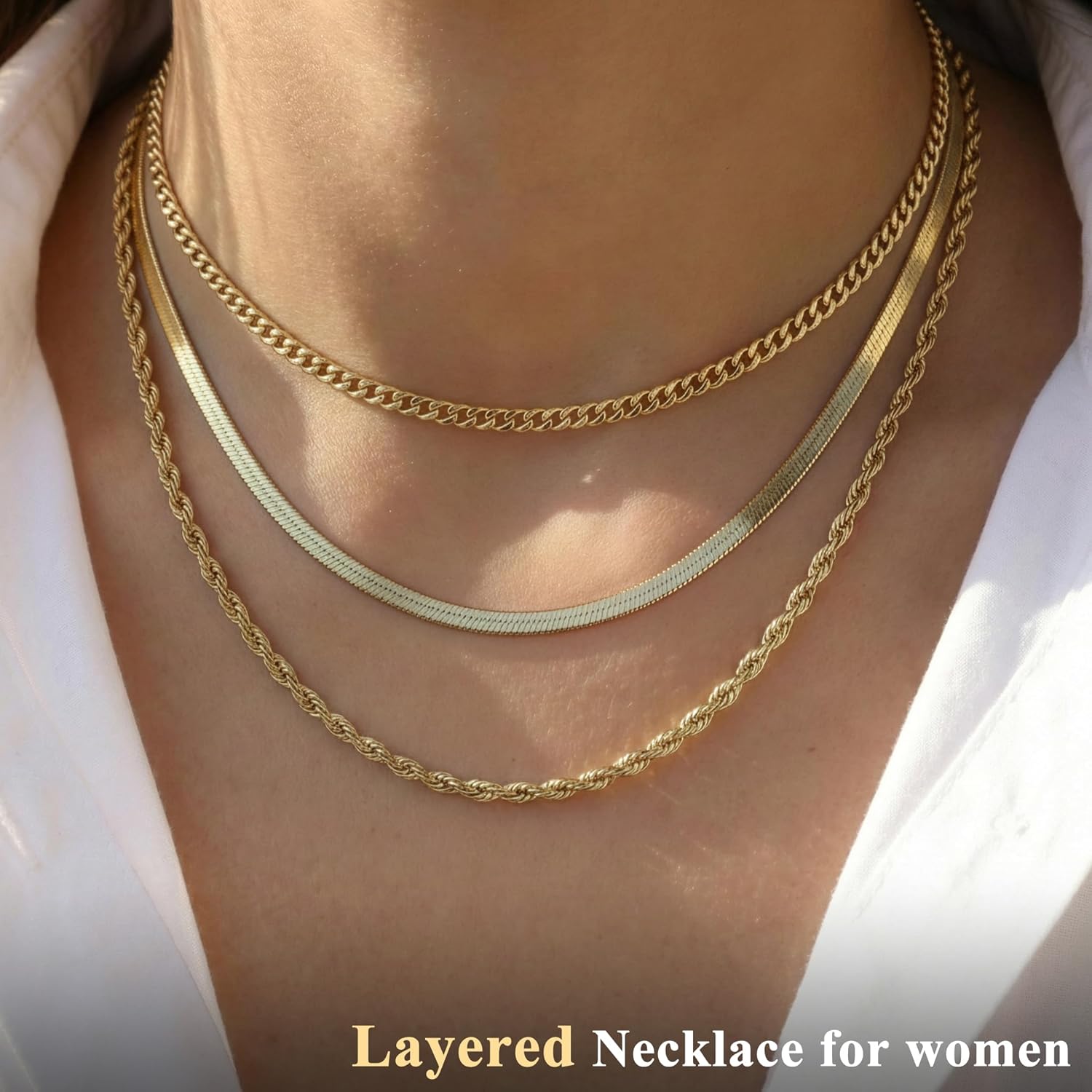 Gold Layered Necklace Set for Women,3 Piece Dainty Stackable Necklaces,14k Gold Plated Herringbone Rope Cuban Chains,Adjustable Trendy Hypoallergenic Choker Necklace for Women Jewelry Gifts - Image 2