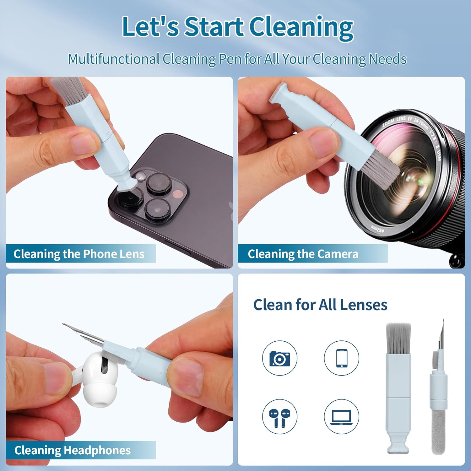 Keyboard Cleaner Laptop Cleaning Kit - 12 in 1 Computer Tech Cleaning Brush, Electronic Screen Cleaner with Multi-Function Cleaning Pen for MacBook, Tablet, iPhone, Earbuds, Camera, Lens Blue image 6 of 9 B0DG5DC23C