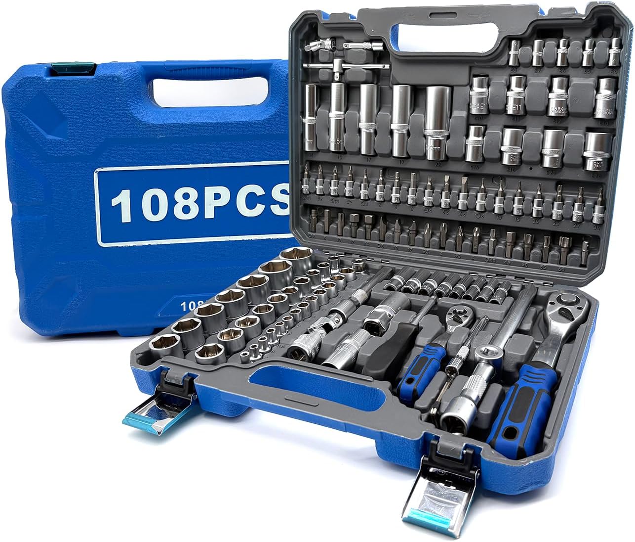 Automotive Tool Set - 108pcs Pearl Nickel Mechanics 72-Tooth Ratchet Socket Set for Car Repair, 1/2" & 1/4" Drive Set, Heat-Treated Alloy Steel The Latest Technology Metric Car Tool Set