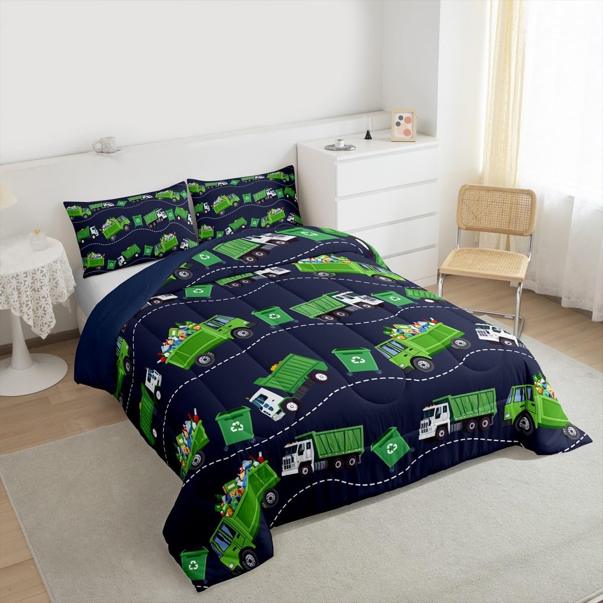Feelyou Garbage Trucks Comforter Set Twin Size Kids Cartoon Car Comforter for Boys Teens Rubbish Car Bedding Set Vehicles Blue Green Duvet Set Room Decor Quilt Boys