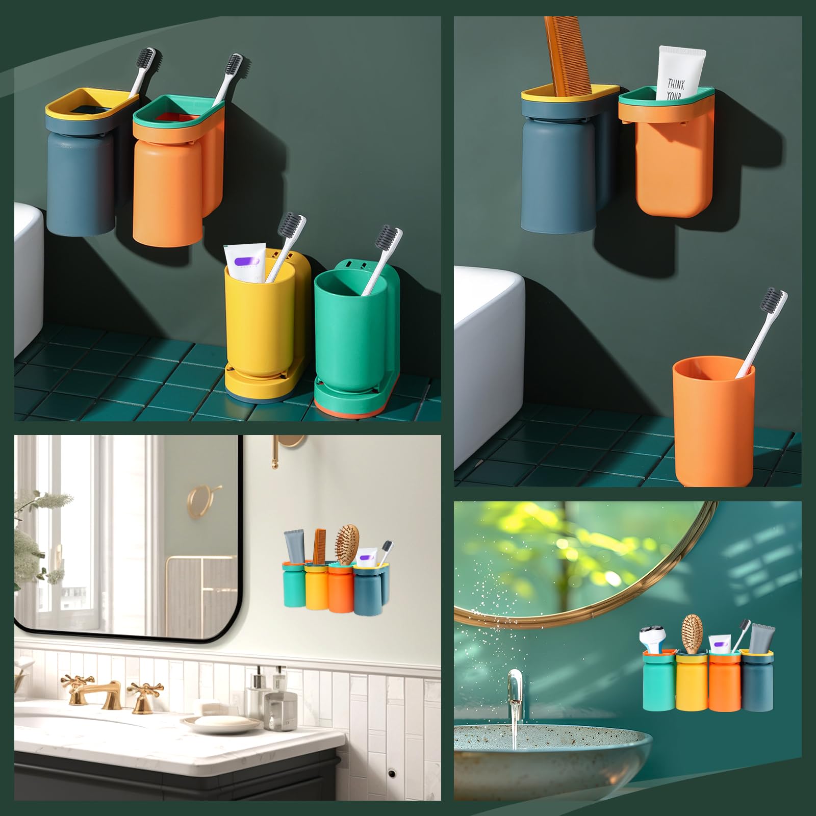 Juego de 4 soportes para cepillos de dientes montados en la pared con tazas, juego de soportes adhesivos para cepillo de dientes para baño, organizador de almacenamiento de pasta de dientes 2 en 1