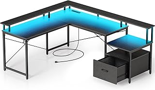 Rolanstar Computer Desk with File Drawer, 68" L Shaped Desk with Power Outlet & LED Strip, L Shaped Computer Corner Desk with File Cabinet, Gaming Desk with Monitor Shelf, Home Office Desk, Black