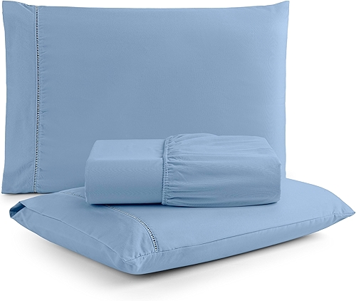 Jogo de Lençol Casal Percal Flex- 3 Peças - 200 Fios - com Ponto Palito - Super Macio - Resistente (Azul Claro, Casal)