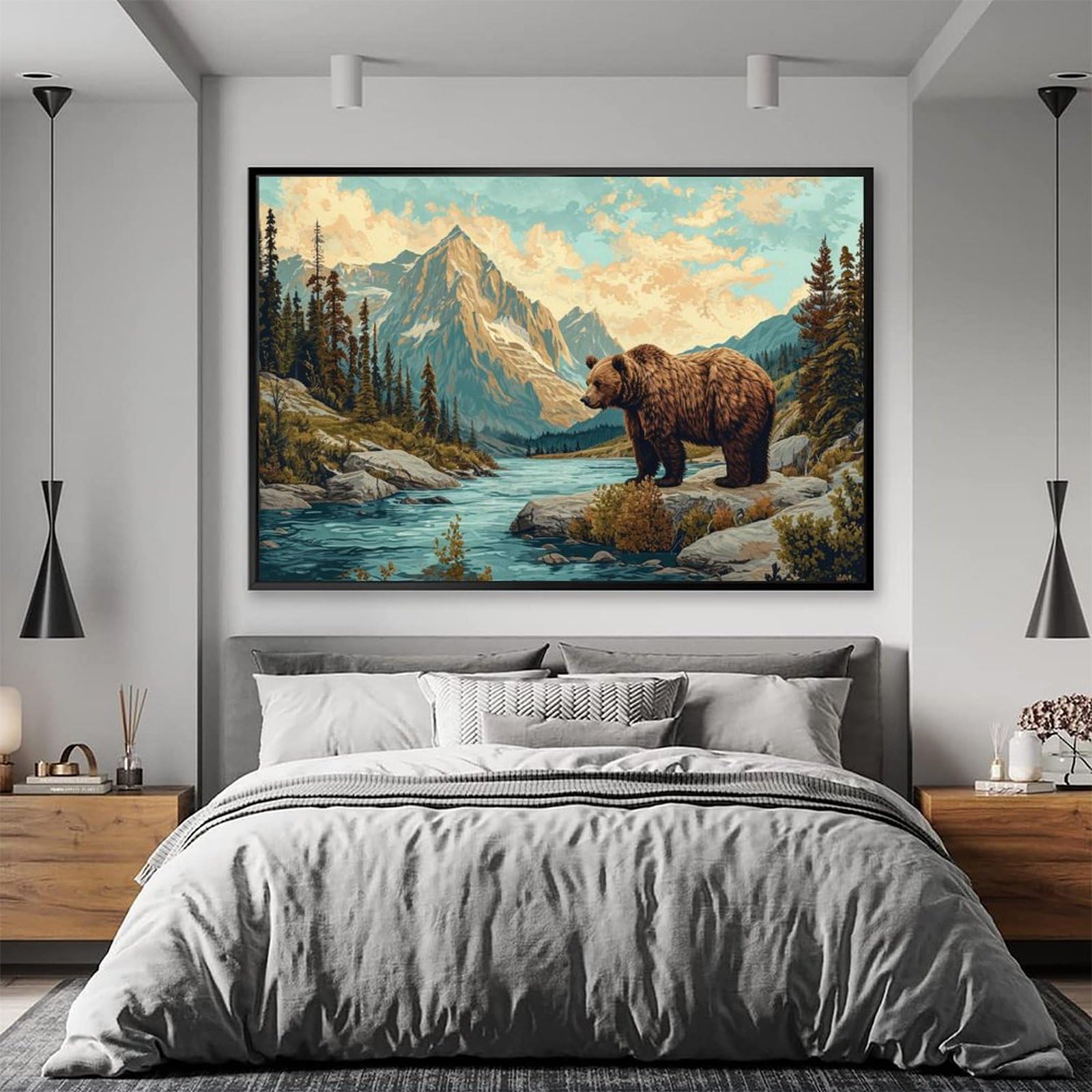 Amazon.co.jp: 絵画 深い山と古い森のクマインテリア 絵画 油絵