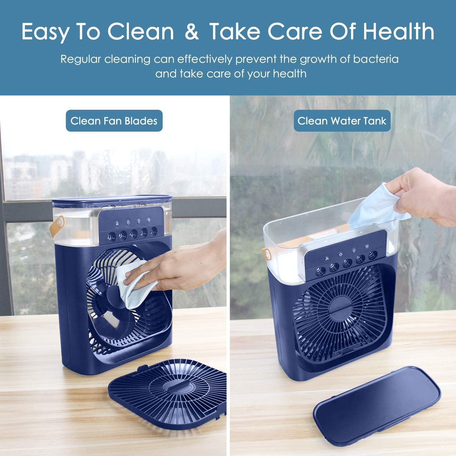 Ventilador portátil de aire acondicionado, enfriador de aire alimentado por USB, humidificador, enfriador de aire pequeño con 7 LED y 3 velocidades, ventilador de refrigeración ultrasilencioso para — view 3