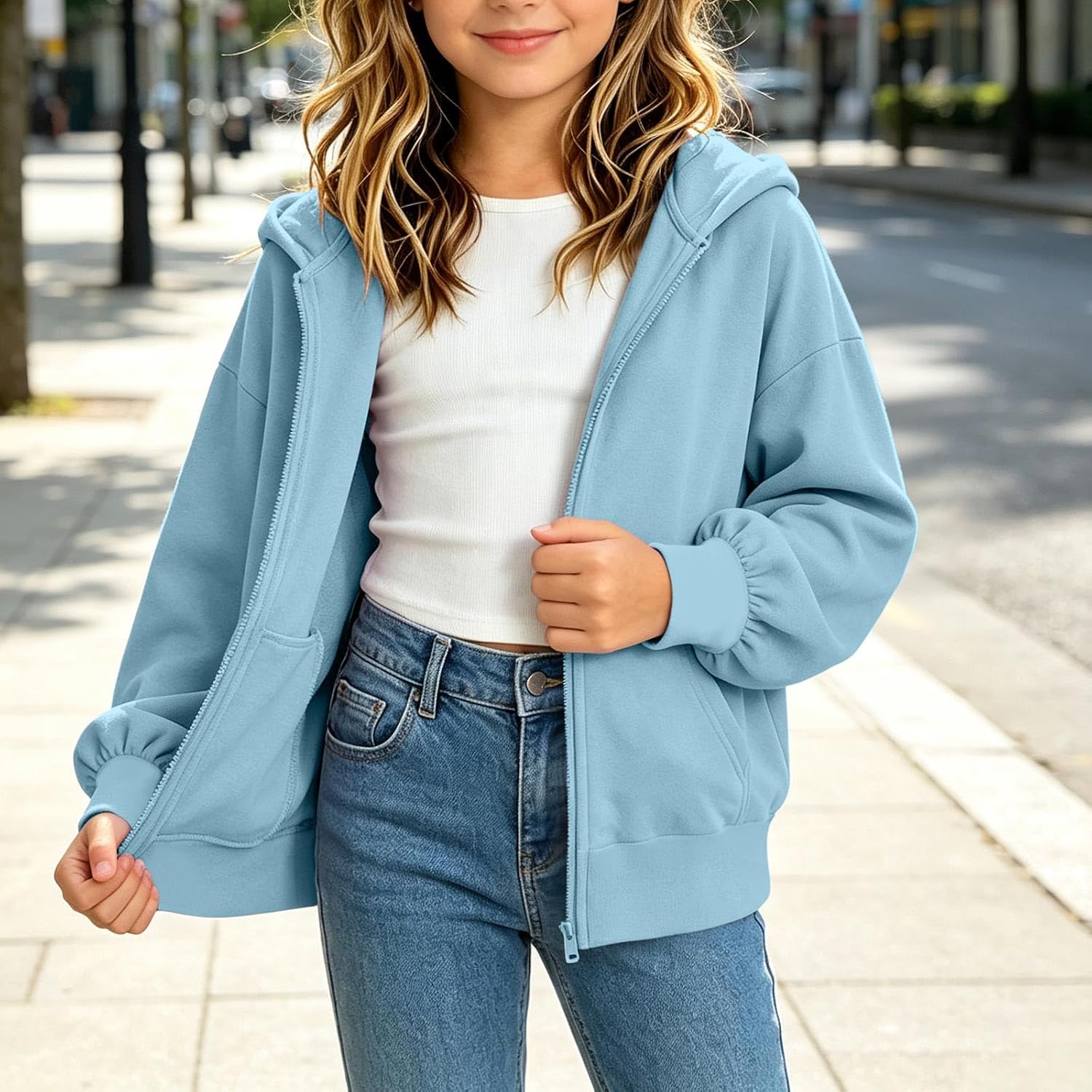 Girls Full Zip Up Fleece Hoodie Warm Pocket Winter Top