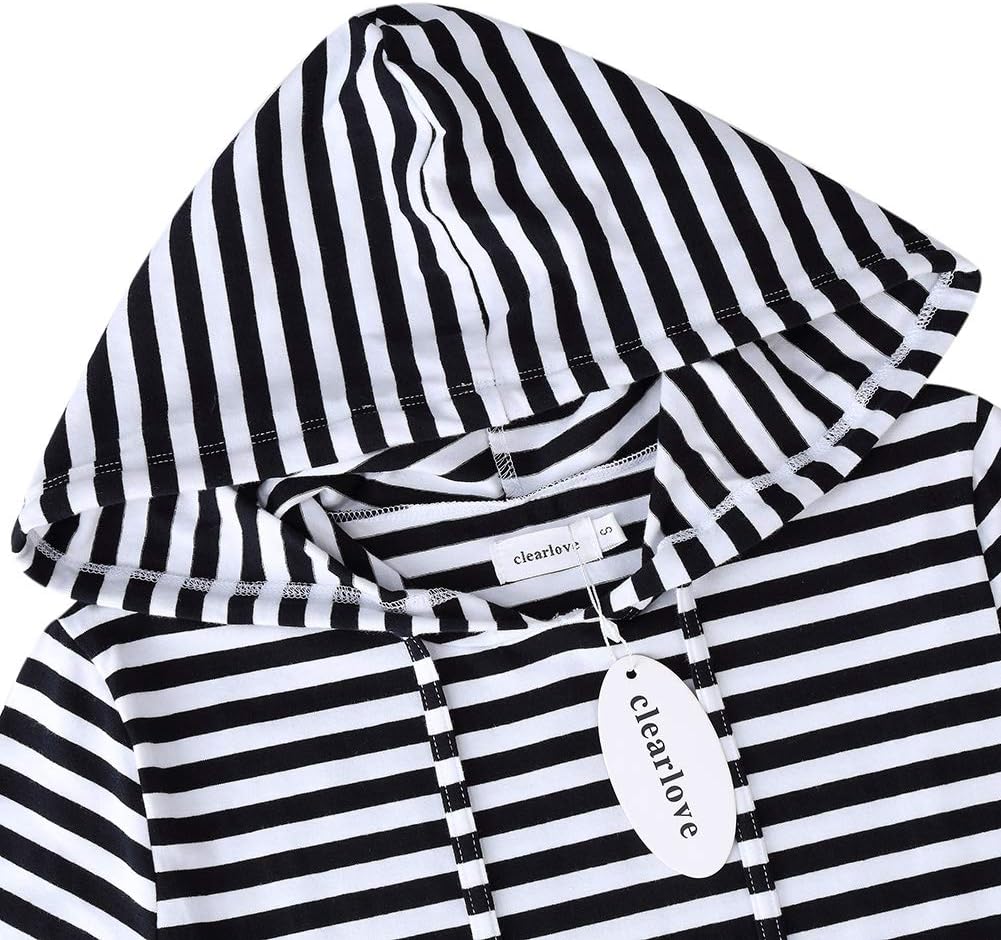 Clearlove 3/4 Sleeve Hoodie Dress for Women With Pockets - Knee Length Pullover Striped Black and White, XL - Image 4