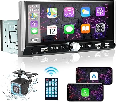 SANPTENT Single Din Car Stereo, Wireless Apple Carplay & Android Auto, 6.9 Inch FHD IPS Bluetooth Touchscreen Car Audio Receiver, Backup Camera, Mirror Link, GPS Navigation, Type-C & USB, FM Car Radio