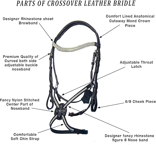 Vista 8 de Wonder Care Brida inglesa de cuero de vaca de grano superior para caballos, brida de caballo con banda, brida de caballo con riendas y bridas