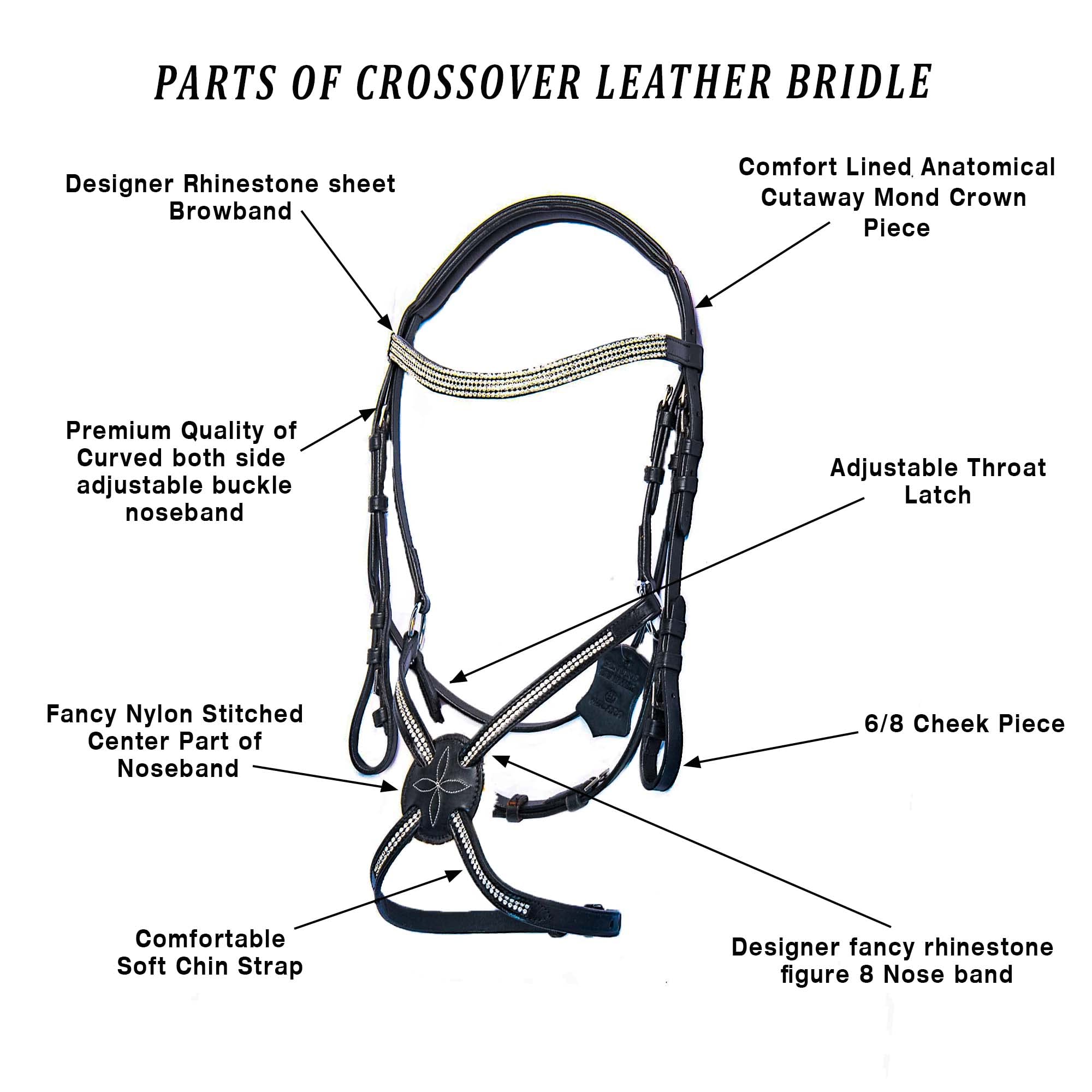 Wonder Care Briglia inglese in pelle di vacchetta di alta qualità, briglia snaffle con fascia per fronte, briglia incrociata con redini, briglie per cavalli