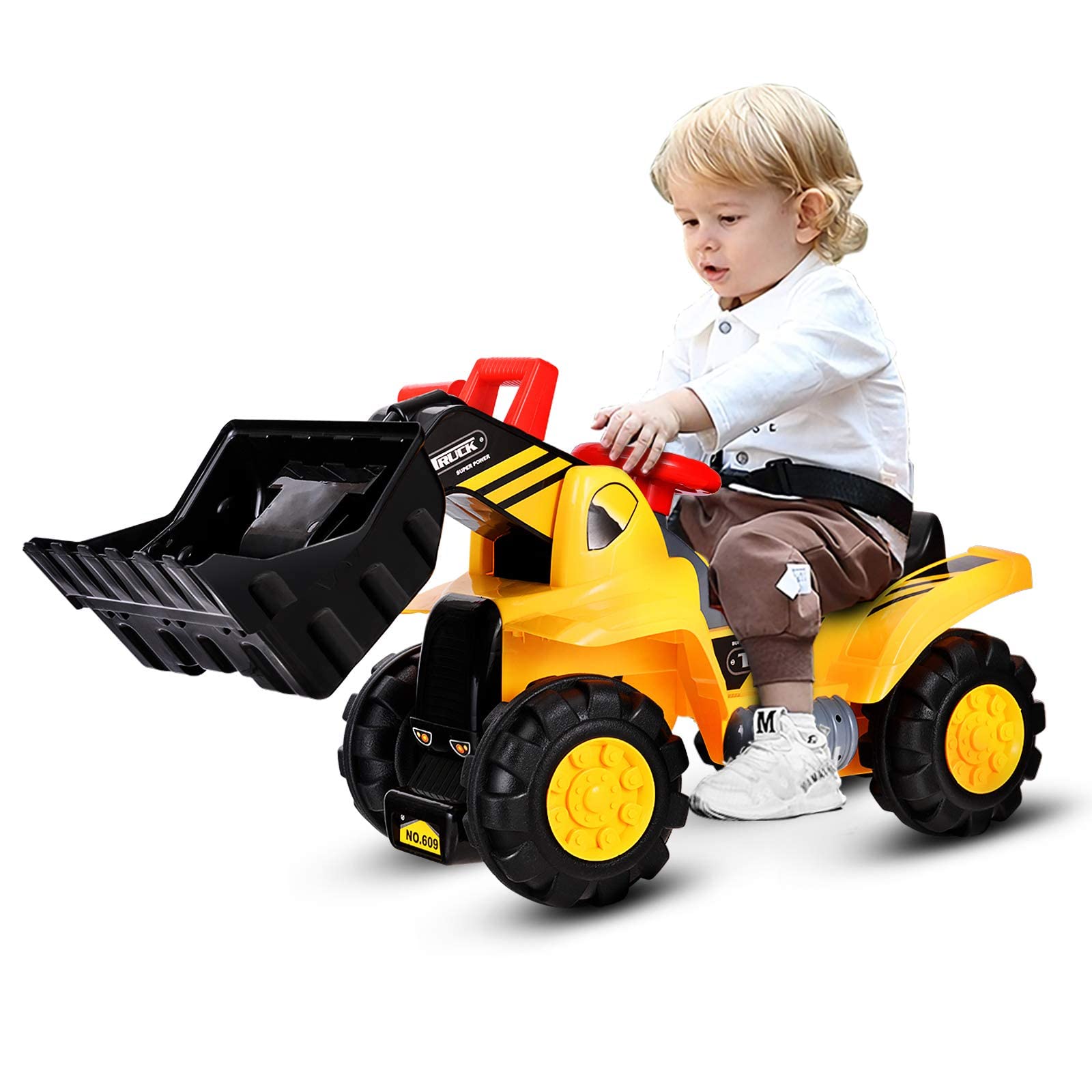 GYMAX Ruspa Cavalcabile Giocattolo per Bambini più di 3 Anni, Escavatore con Spazio di Archiviazione sotto La Sedia, Giallo, 85x45x30 cm